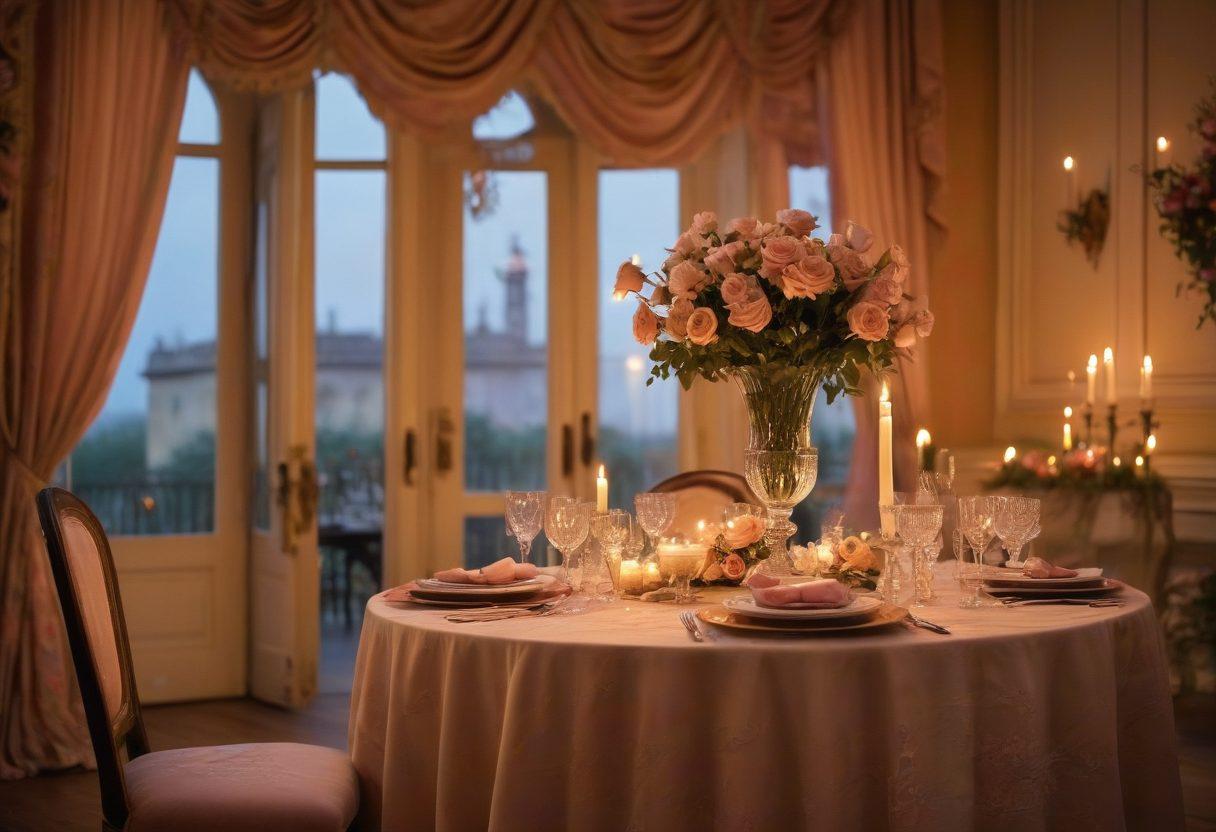 A vintage, elegantly set table adorned with roses and candlelight, surrounded by silhouettes of couples dancing in historical attire, exuding romance and intimacy. The backdrop features soft, flowing drapery with hints of classical architecture. Warm, inviting colors should evoke a sense of nostalgia and sensuality. soft-focus, pastel colors, romantic style.