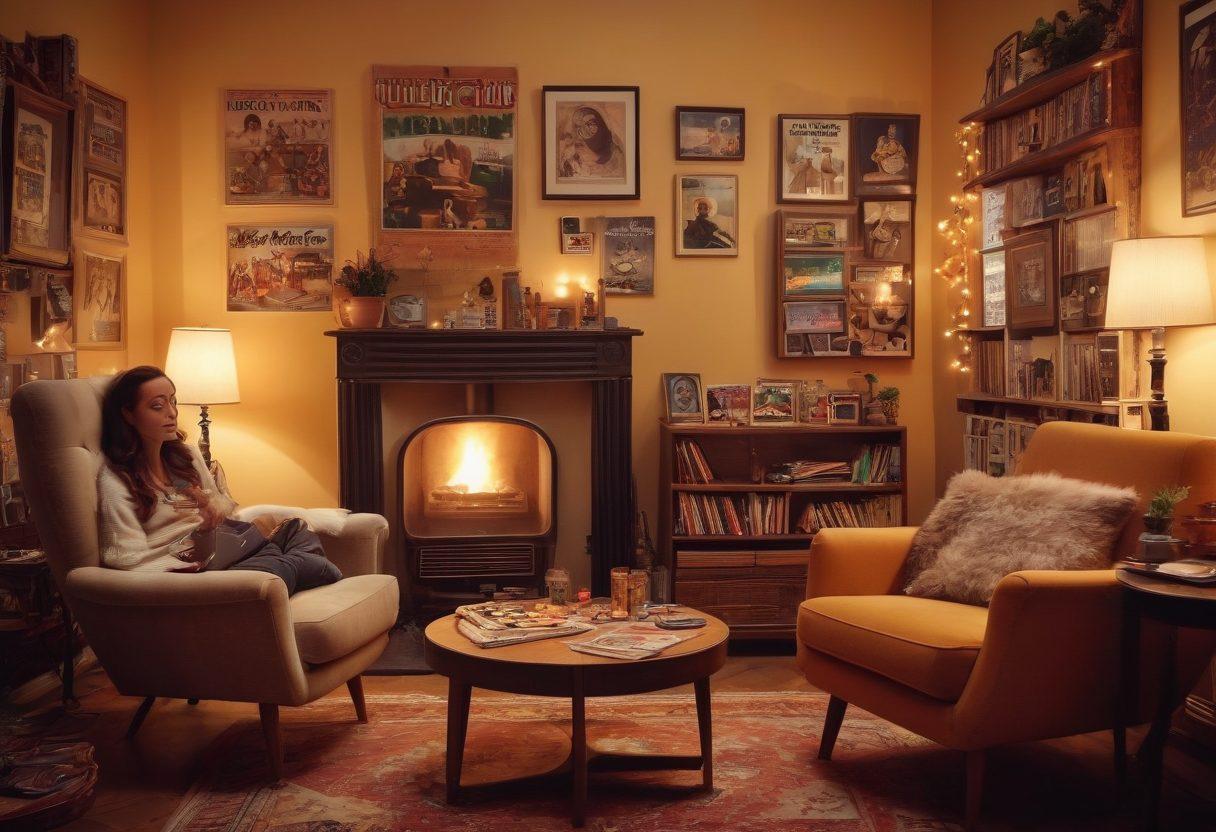 A cozy, dimly-lit vintage living room featuring a retro record player, soft armchairs, and a table adorned with nostalgic board games. A couple sits together, laughing and enjoying their time, surrounded by framed old movie posters and warm fairy lights. The atmosphere exudes intimacy and a sense of adventure into the past. super-realistic. warm color palette. vintage style.
