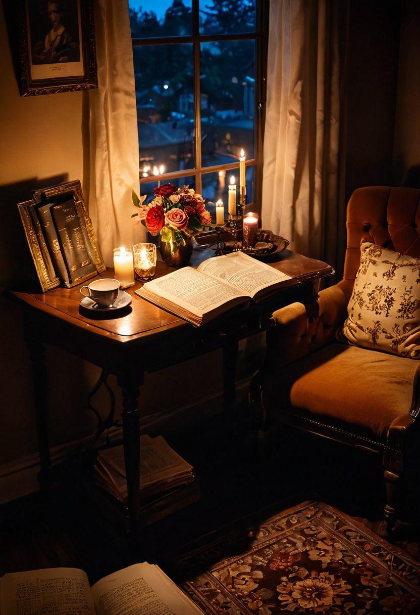 An intimate reading nook featuring an open vintage book of erotic literature, soft candlelight casting warm shadows, and a plush velvet armchair that invites closeness. Surround the setting with tastefully arranged vintage trinkets and flowers, enhancing the romantic atmosphere. Include a steaming cup of tea beside the book to evoke a sense of coziness. soft focus. warm tones. moody lighting.